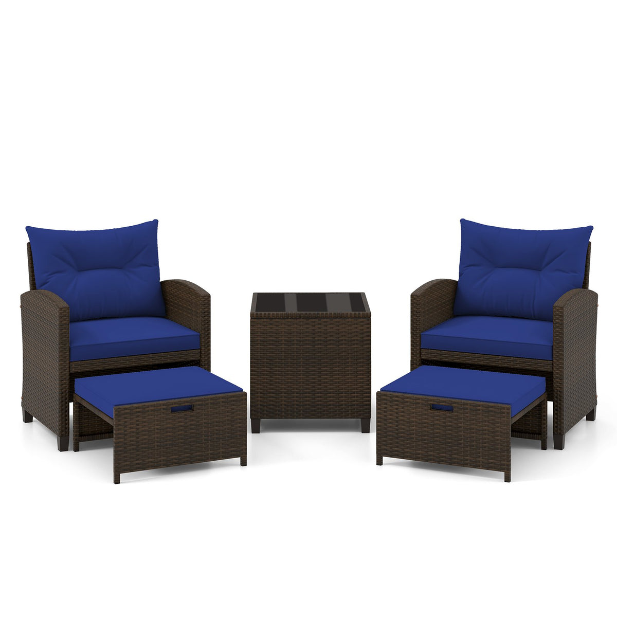 Beige 5-piece patio rattan furniture set with two ottomans and glass coffee table, outdoor conversation furniture by Wilsons Home Store