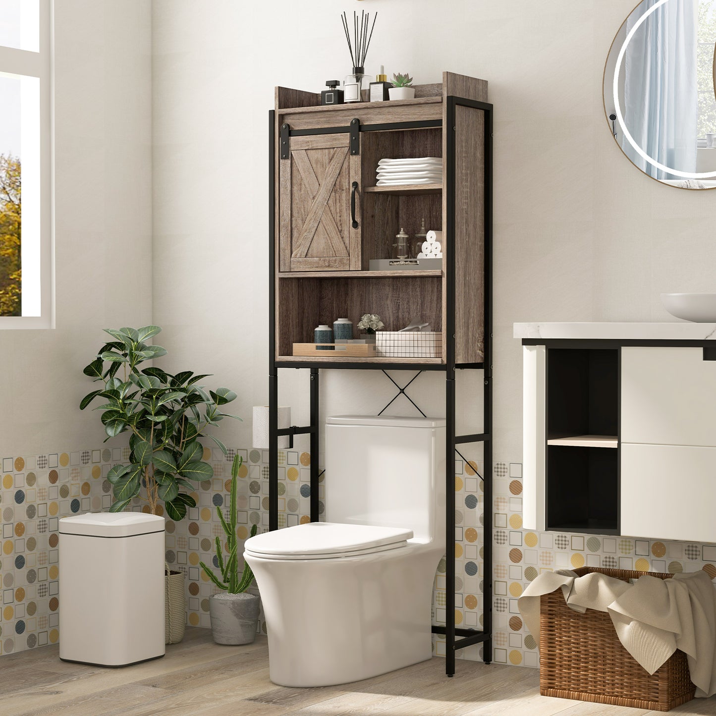 4-Tier Multifunctional Toilet Sorage Cabinet with Adjustable Shelf and Sliding Barn Door-Gray