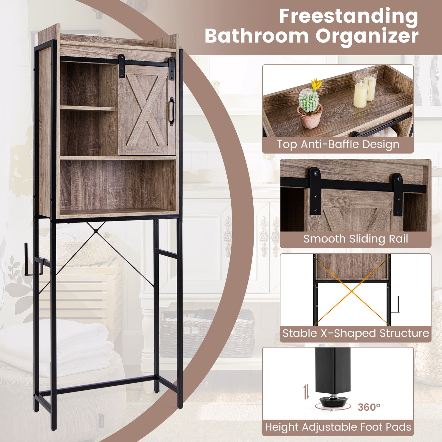 4-Tier Multifunctional Toilet Sorage Cabinet with Adjustable Shelf and Sliding Barn Door-Gray
