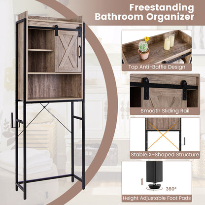 4-Tier Multifunctional Toilet Sorage Cabinet with Adjustable Shelf and Sliding Barn Door-Gray