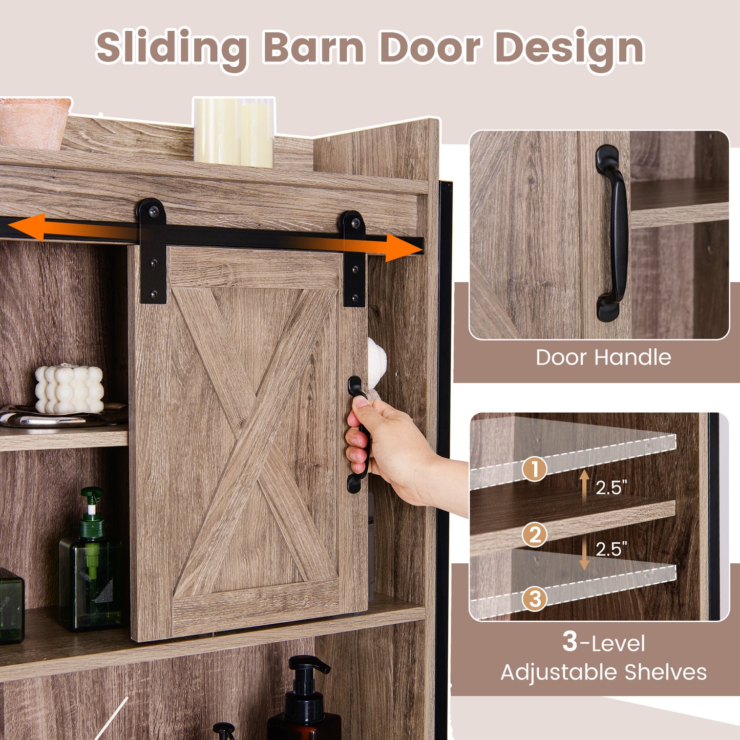 4-Tier Multifunctional Toilet Sorage Cabinet with Adjustable Shelf and Sliding Barn Door-Gray