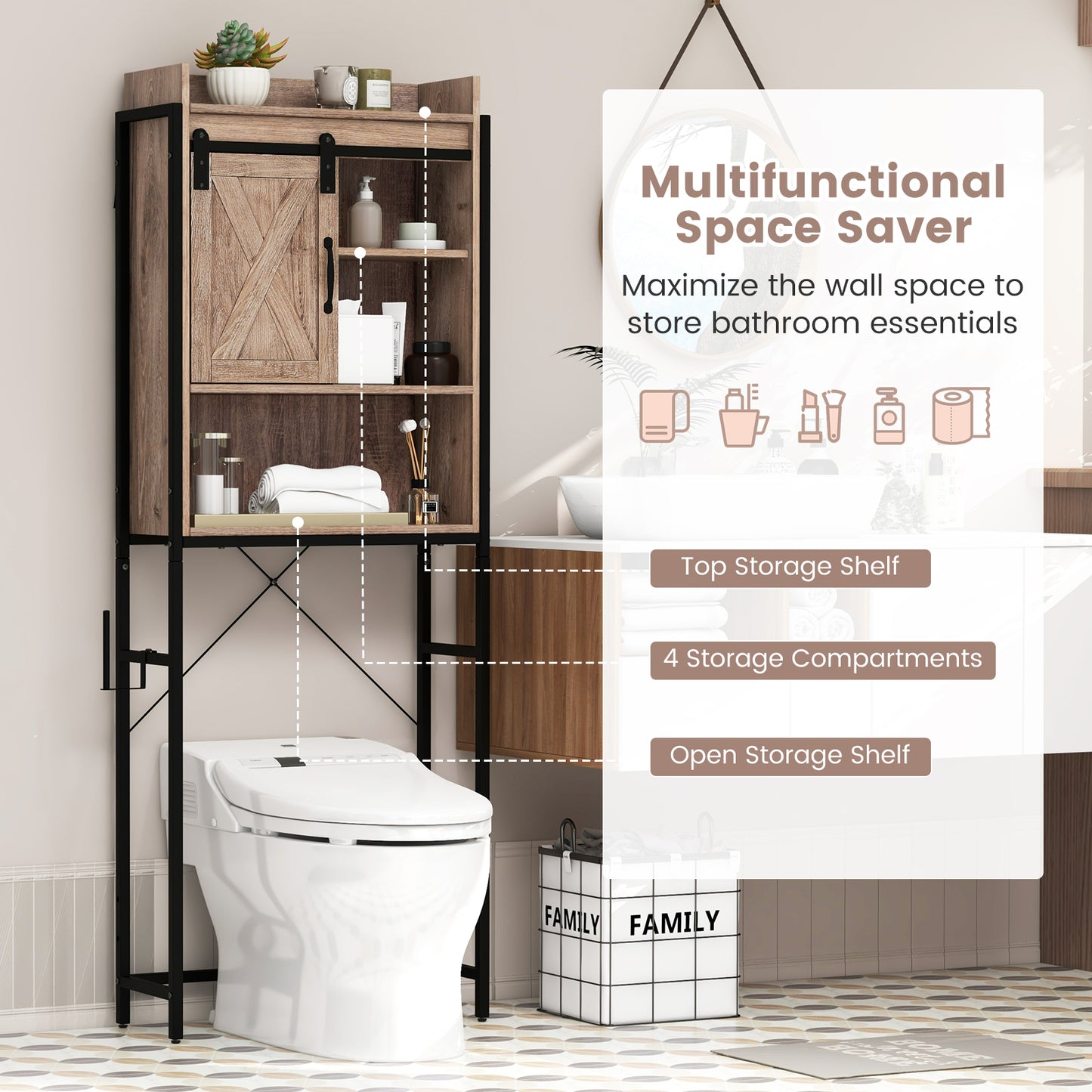4-Tier Multifunctional Toilet Sorage Cabinet with Adjustable Shelf and Sliding Barn Door-Gray