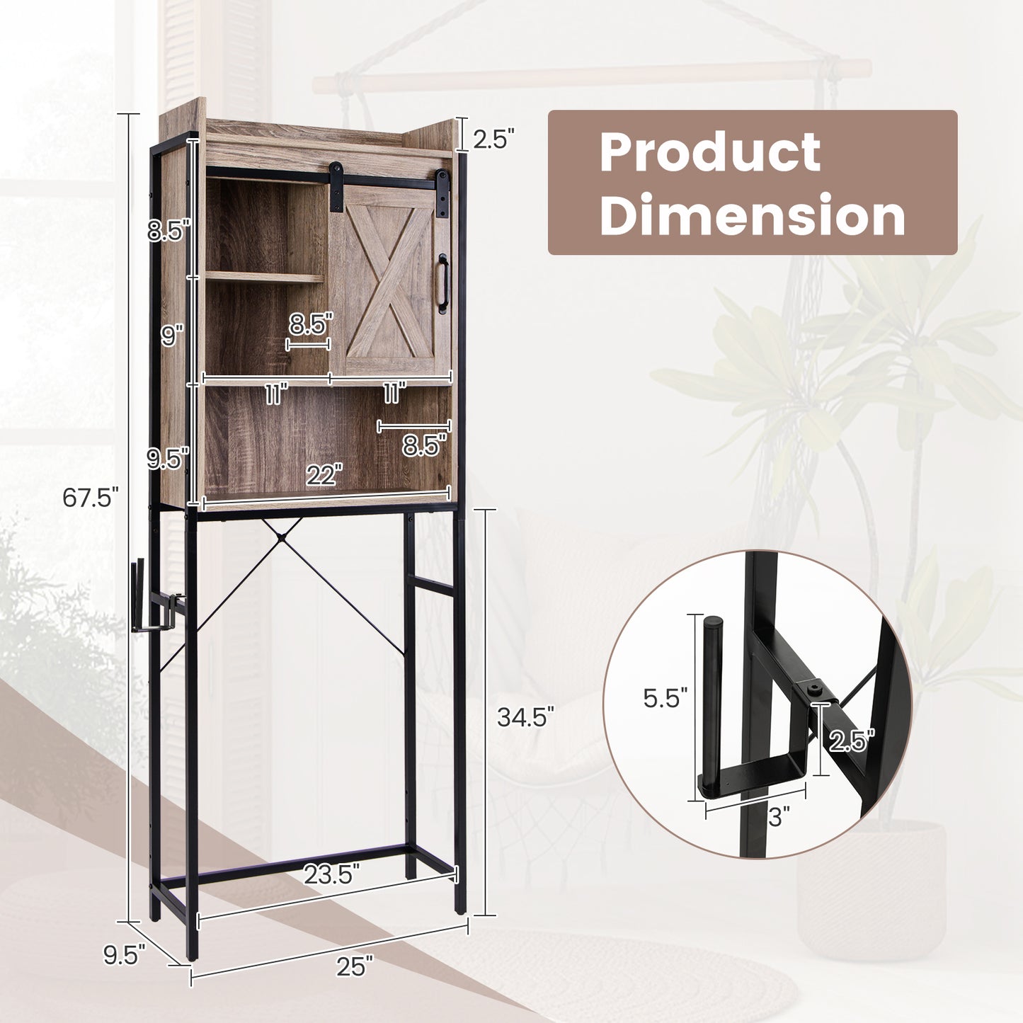4-Tier Multifunctional Toilet Sorage Cabinet with Adjustable Shelf and Sliding Barn Door-Gray