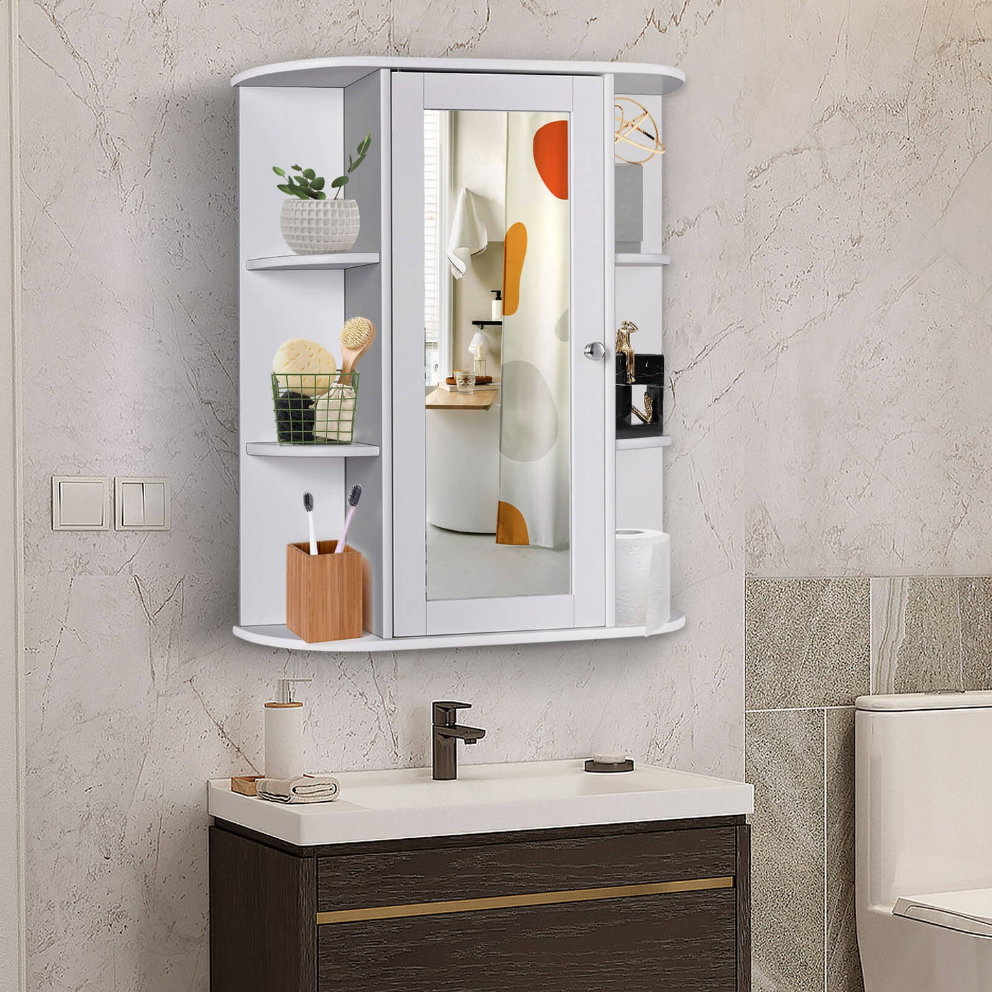 Bathroom Single Door Shelves Wall Mount Cabinet with Mirror-Gray