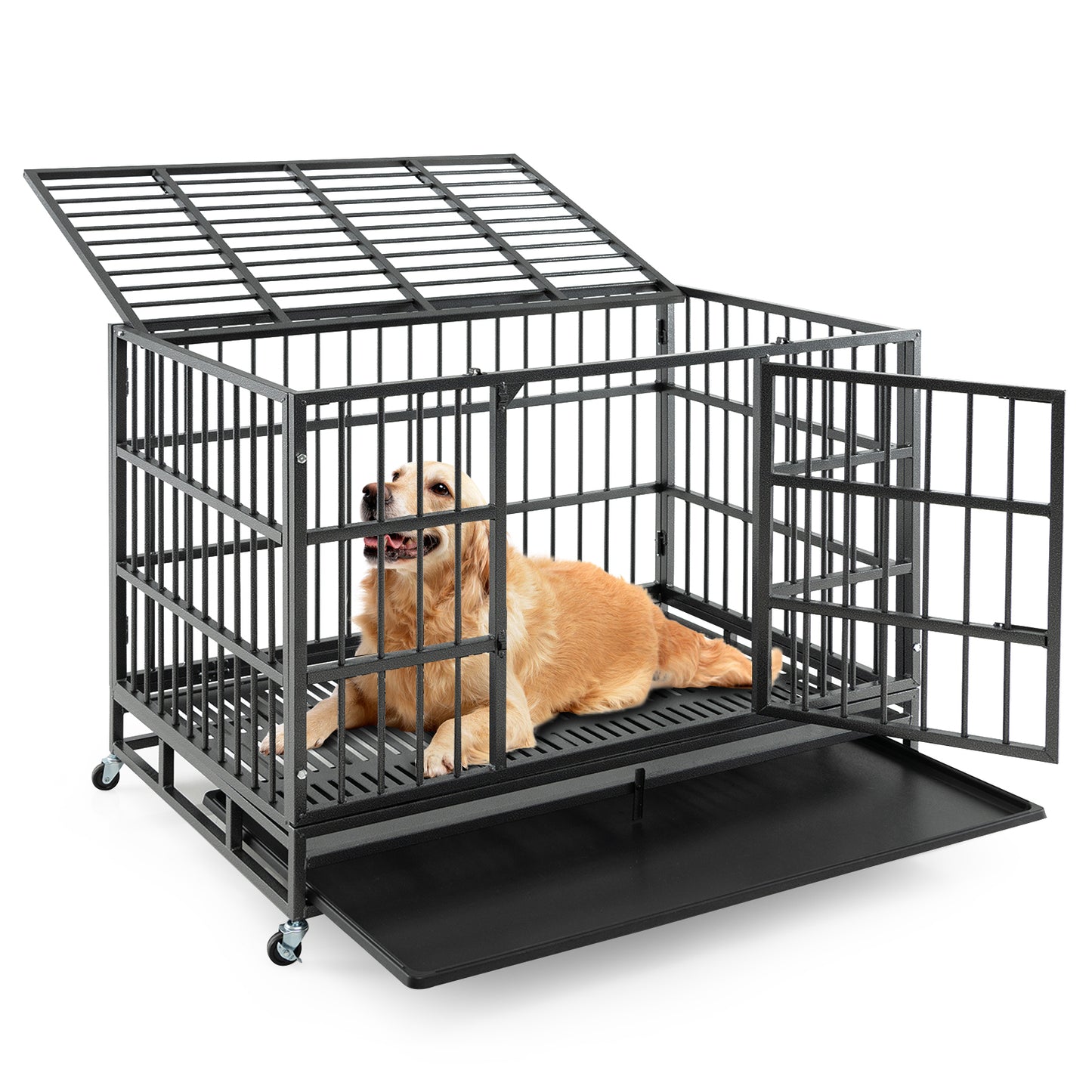 48 Inch Foldable Heavy-Duty Metal Dog Cage with Lockable Rolling Casters and Tray-48 inches