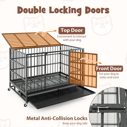 48 Inch Foldable Heavy-Duty Metal Dog Cage with Lockable Rolling Casters and Tray-48 inches