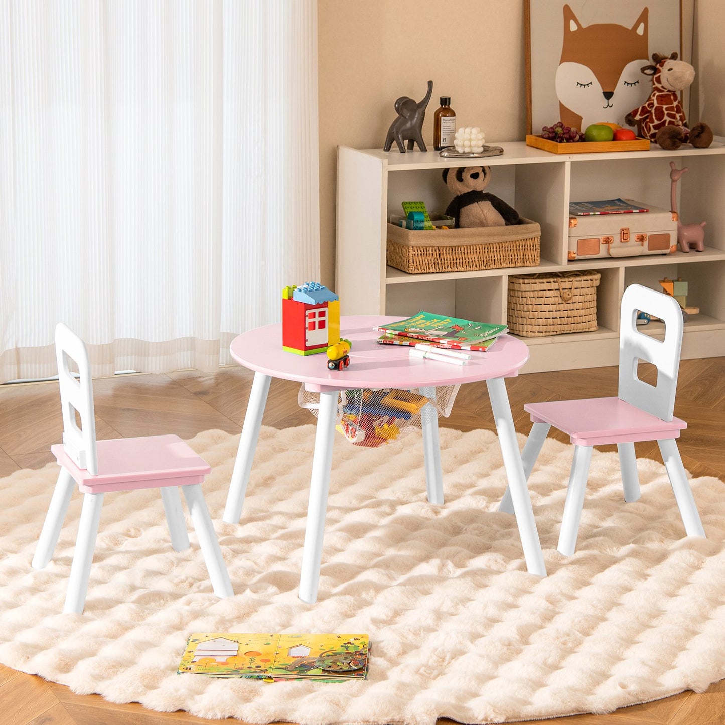 Wood Activity Kids Table and Chair Set with Center Mesh Storage for Snack Time and Homework-Blue