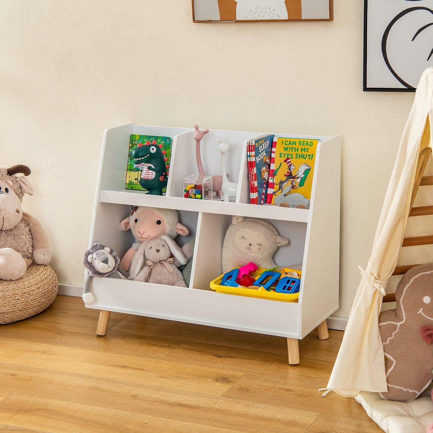 5-Cube Kids Bookshelf and Toy Organizer with Anti-Tipping Kits-Natural