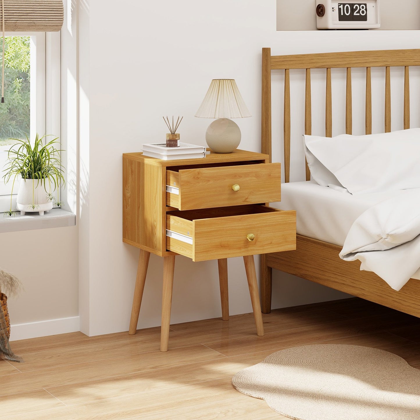 Mid Century Modern 2 Drawers Nightstand in Natural-Brown