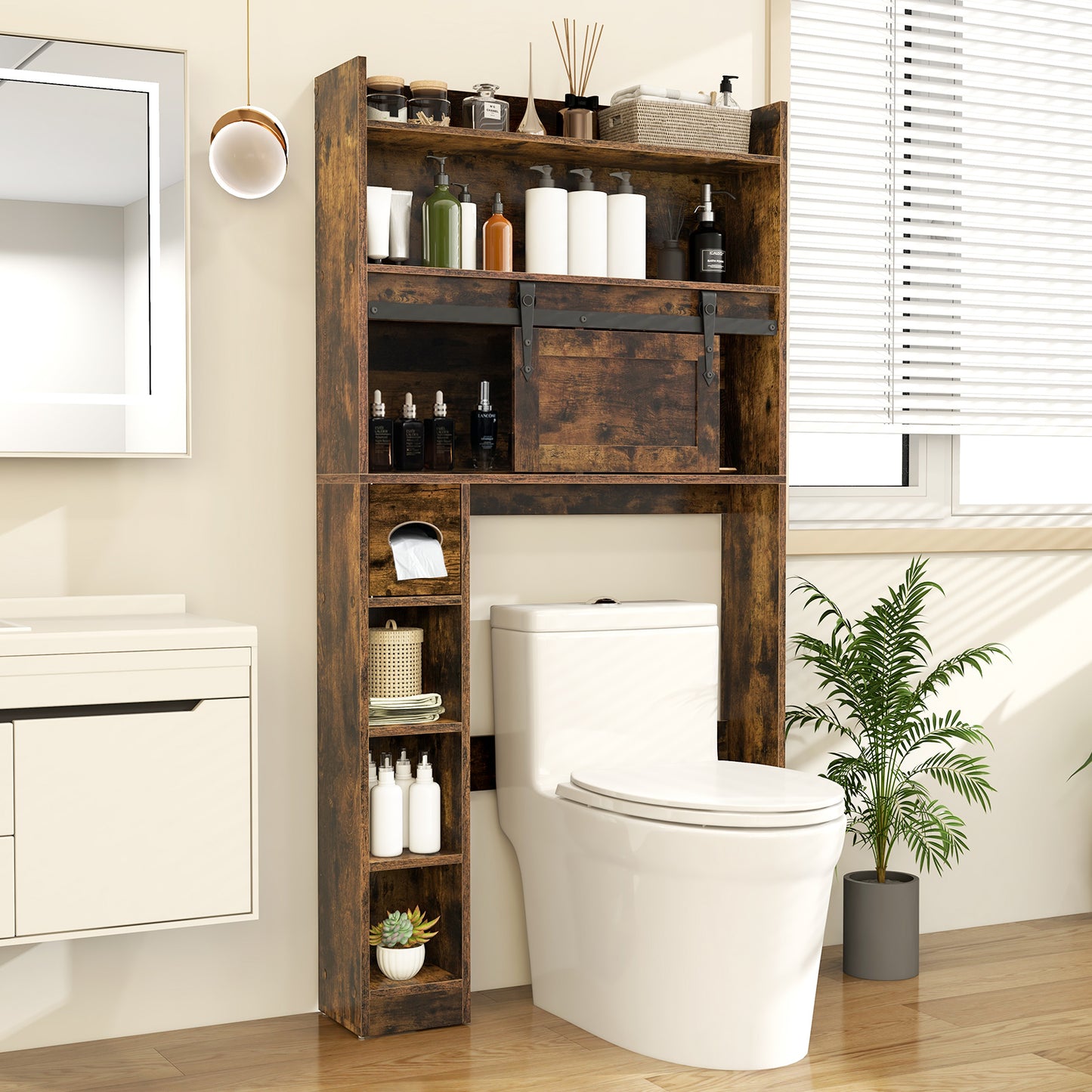 Over The Toilet Storage Cabinet with Sliding Barn Door and Adjustable Shelves-Gray