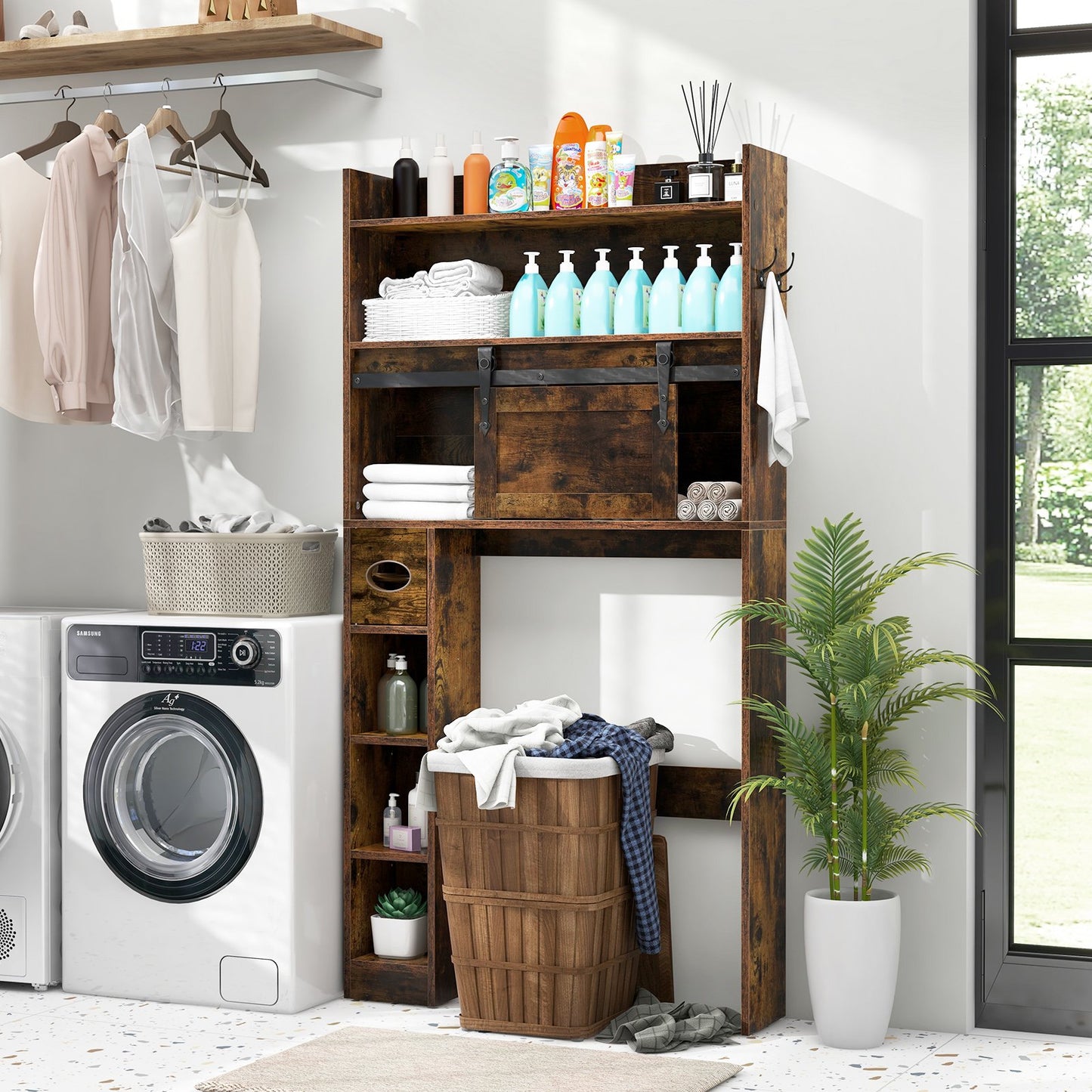 Over The Toilet Storage Cabinet with Sliding Barn Door and Adjustable Shelves-Gray