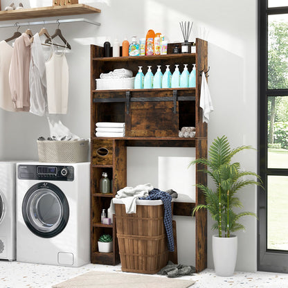 Over The Toilet Storage Cabinet with Sliding Barn Door and Adjustable Shelves-Gray