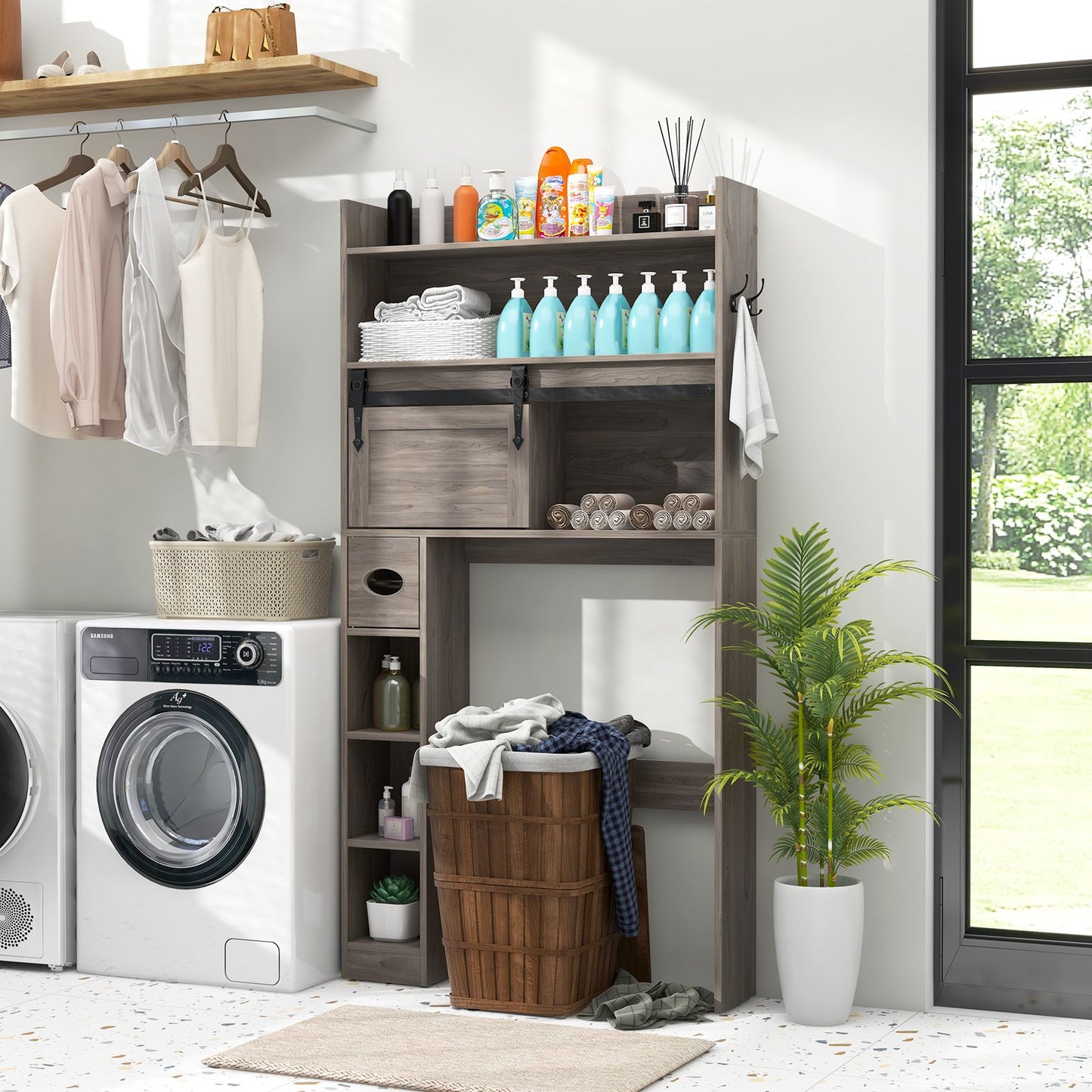 Over The Toilet Storage Cabinet with Sliding Barn Door and Adjustable Shelves-Gray
