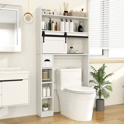 Over The Toilet Storage Cabinet with Sliding Barn Door and Adjustable Shelves-Gray