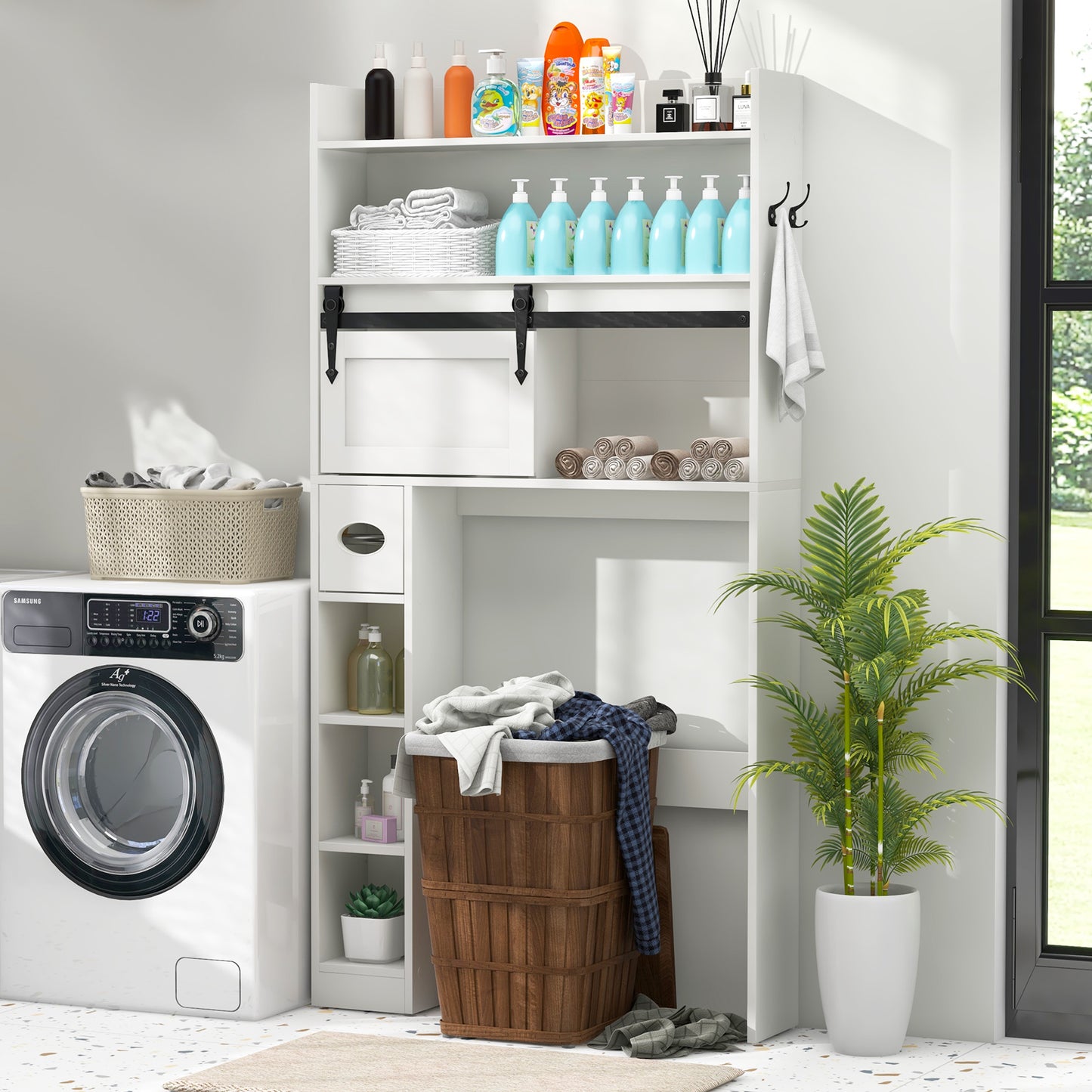 Over The Toilet Storage Cabinet with Sliding Barn Door and Adjustable Shelves-Gray