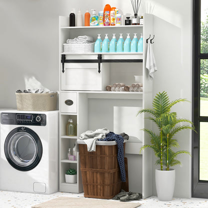 Over The Toilet Storage Cabinet with Sliding Barn Door and Adjustable Shelves-Gray