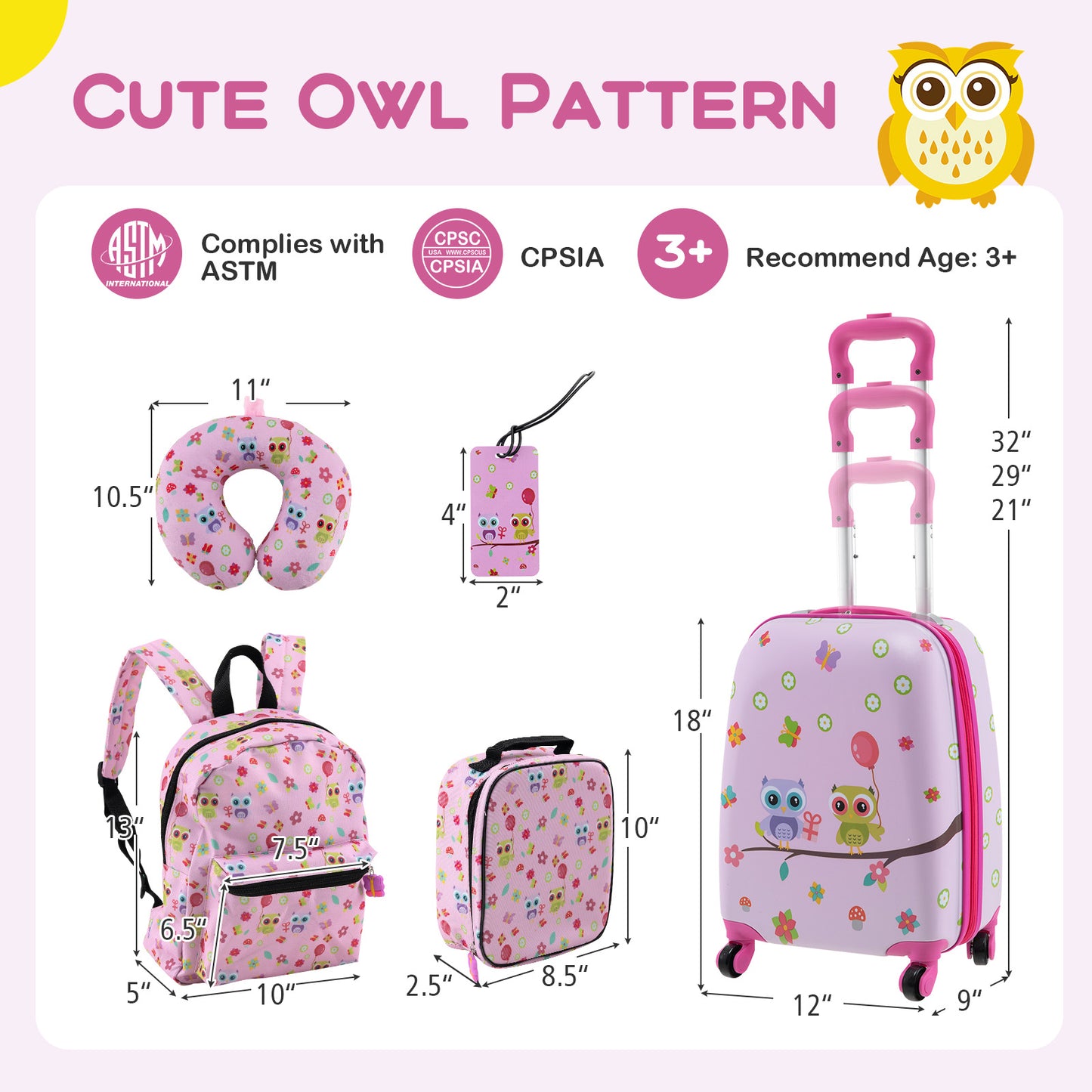 5 Piece Kids Luggage Set with Backpack  Neck Pillow  Name Tag  Lunch Bag-Pink