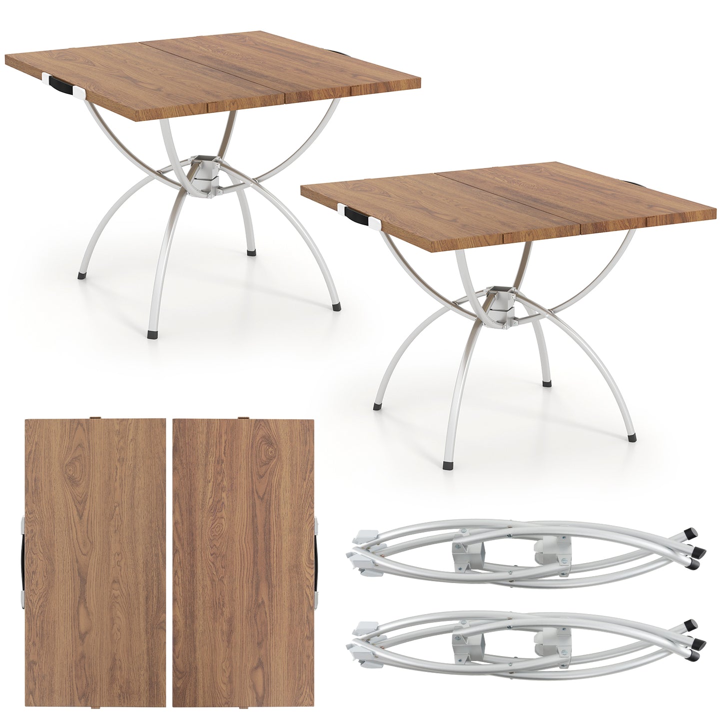 2 Pack Folding Camping Table with Wood-grain Tabletop for Hiking Party-Natural