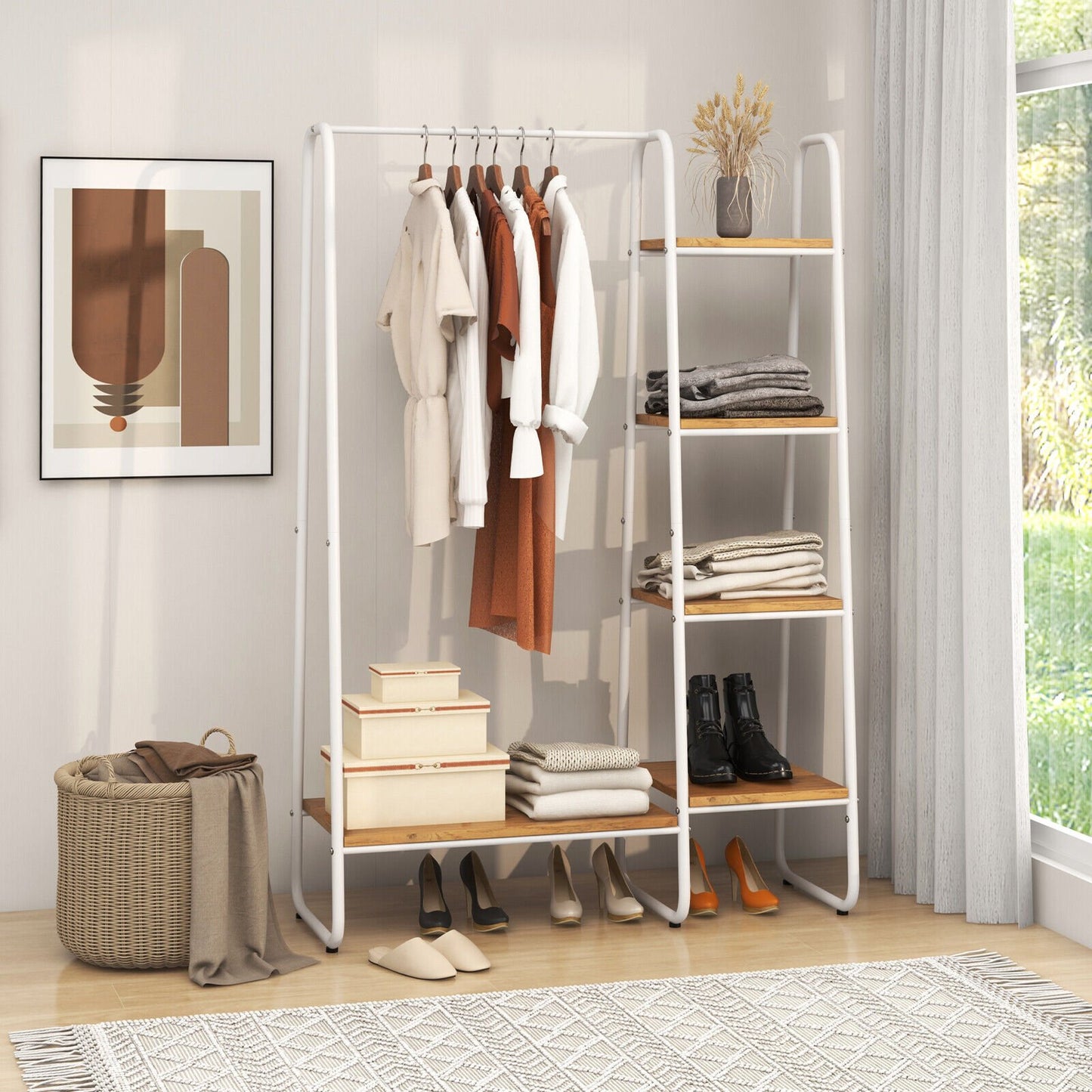 Clothes Rack Free Standing Storage Tower with Metal Frame