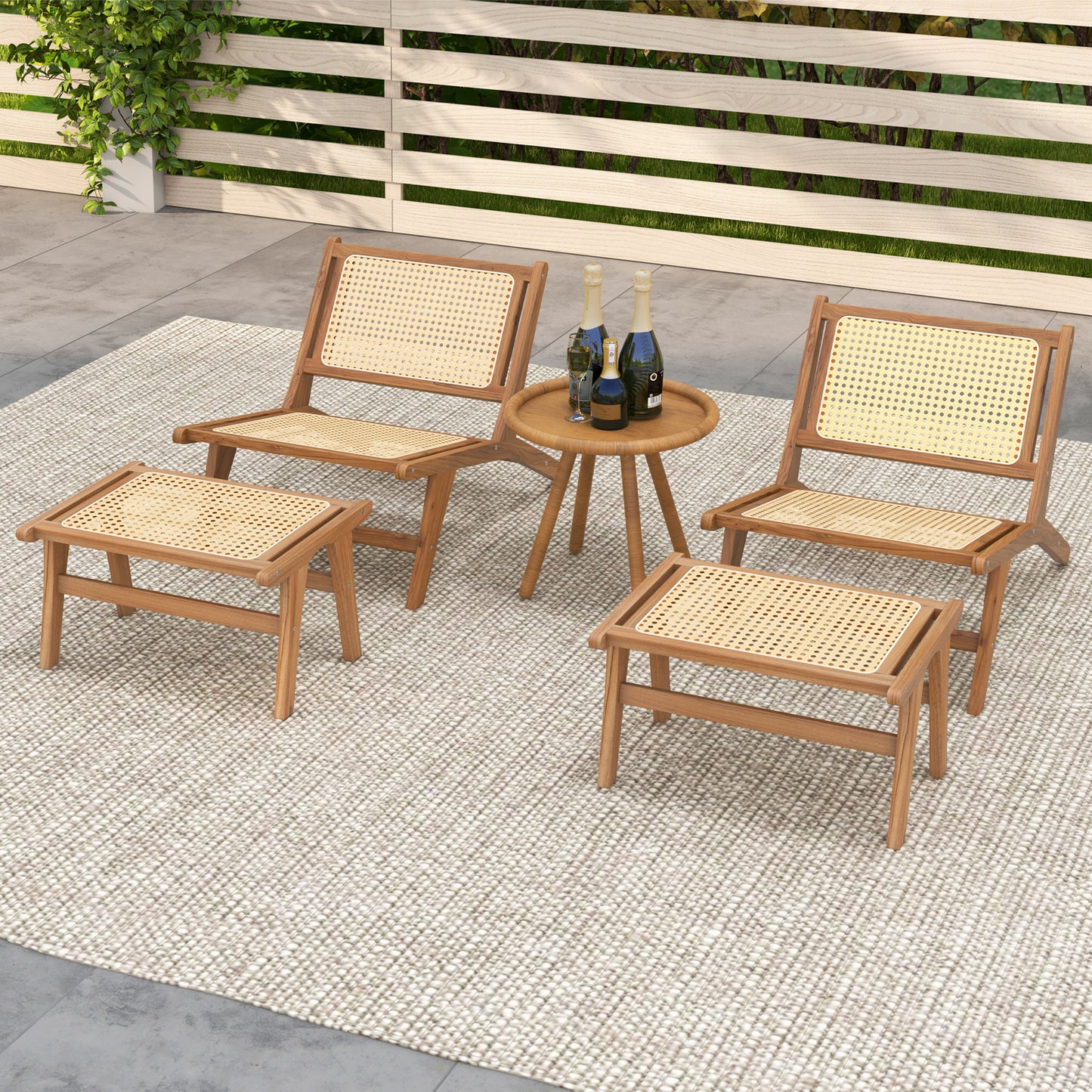 Teak Wooden Chair with Handwoven Rattan Seat and Backrest