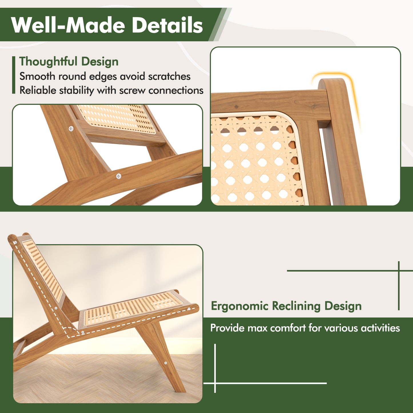 Teak Wooden Chair with Handwoven Rattan Seat and Backrest