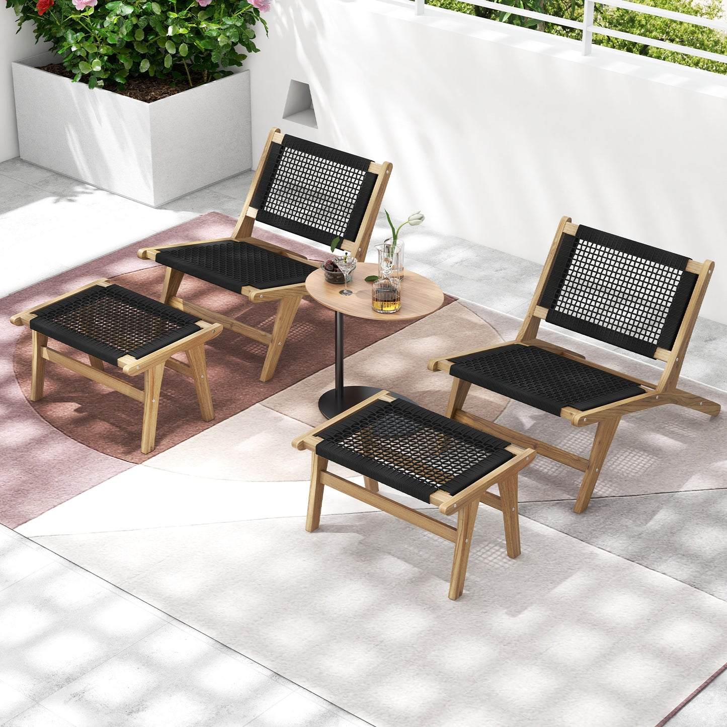 Indoor Outdoor Teak Wooden Chair with Handwoven Cordage Seat and Backrest
