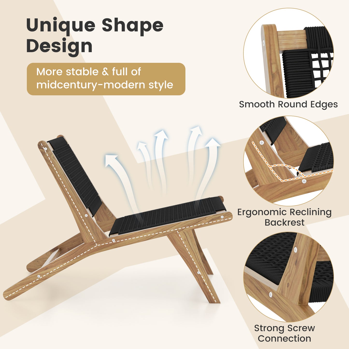 Indoor Outdoor Teak Wooden Chair with Handwoven Cordage Seat and Backrest