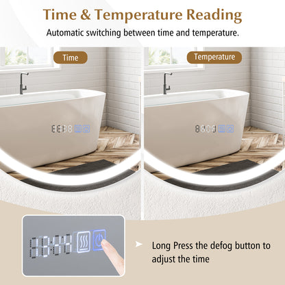 24 Inch Anti-Fog Bathroom Wall Mirror with 3-Color LED Lights and Temperature Display