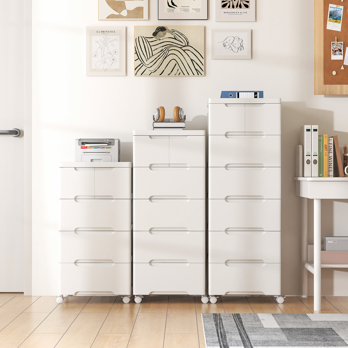 Rolling storage cabinet with six drawers and universal wheels, ideal for bedroom organization and furniture storage.
