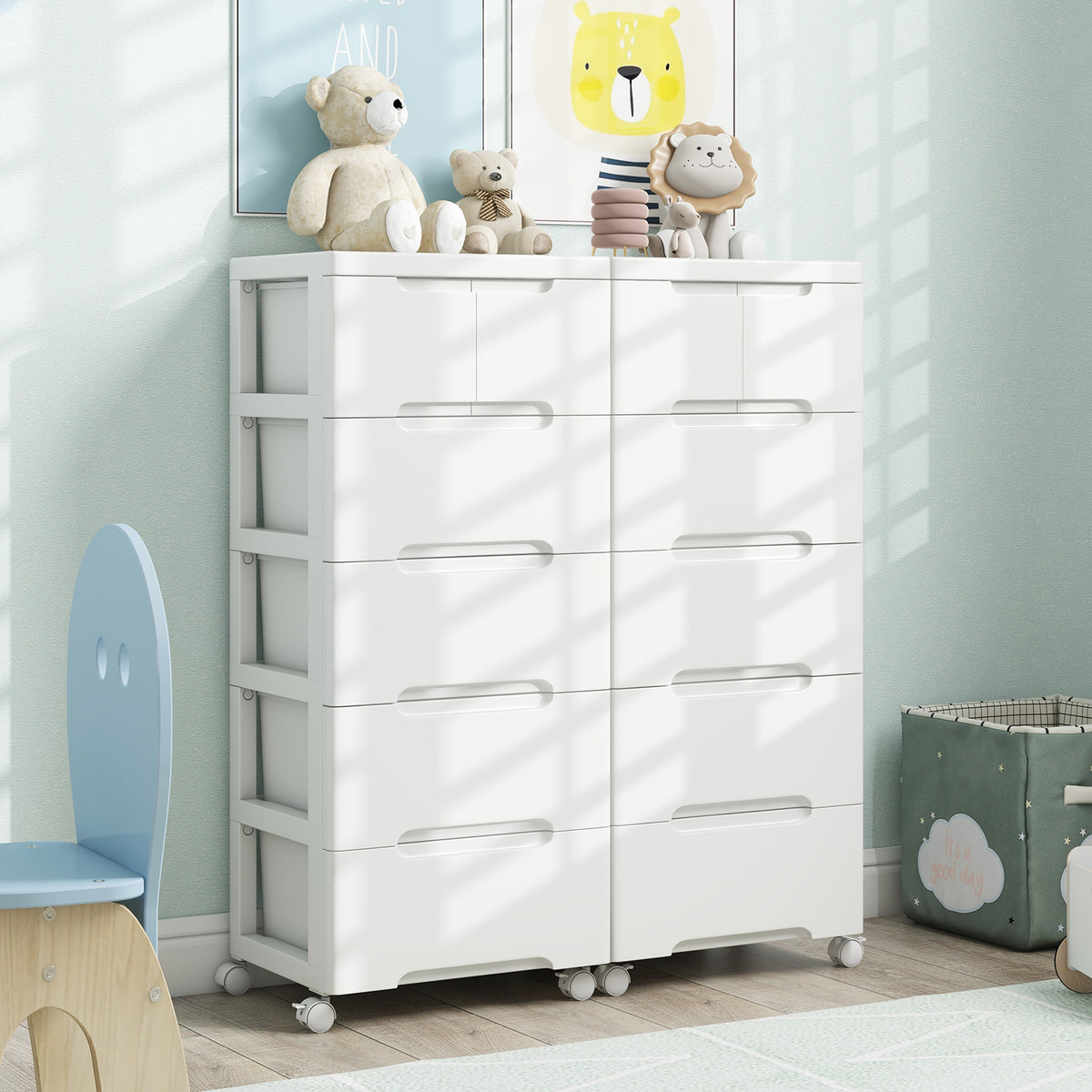 Rolling storage cabinet with six drawers on universal wheels, ideal for bedroom organization and furniture storage.
