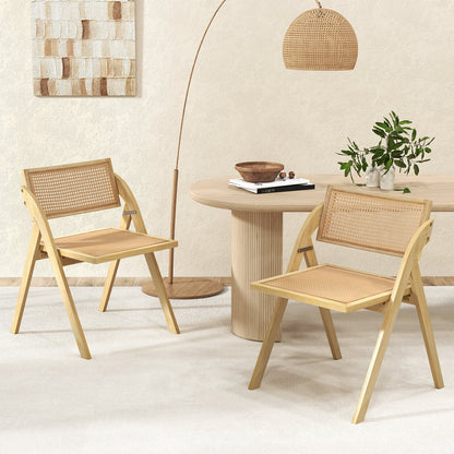 Foldable Dining Chairs Set of 2 with Woven Rattan Backrest-Brown