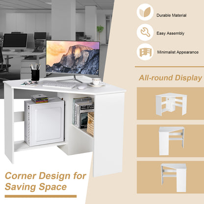 Corner Computer Desk Triangle Writing Workstation with Storage Shelf-White