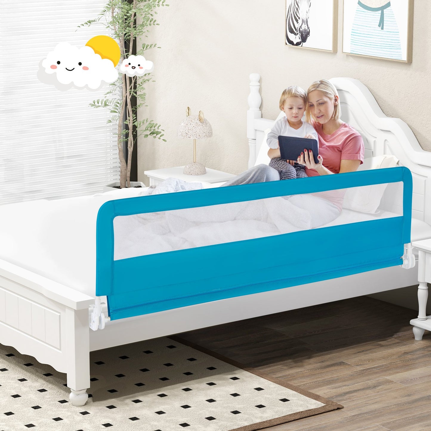 71 Inch Extra Long Swing Down Bed Guardrail with Safety Straps-Beige