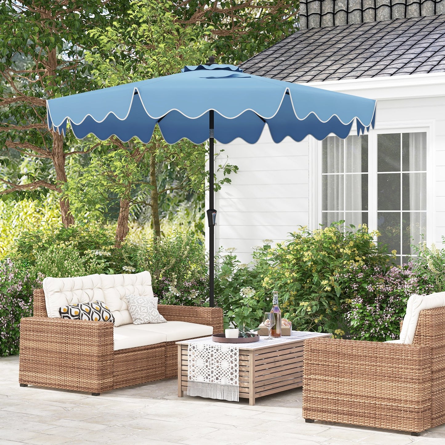 9 Feet Patio Umbrella with Crank Handle and Push Button Tilt-Beige