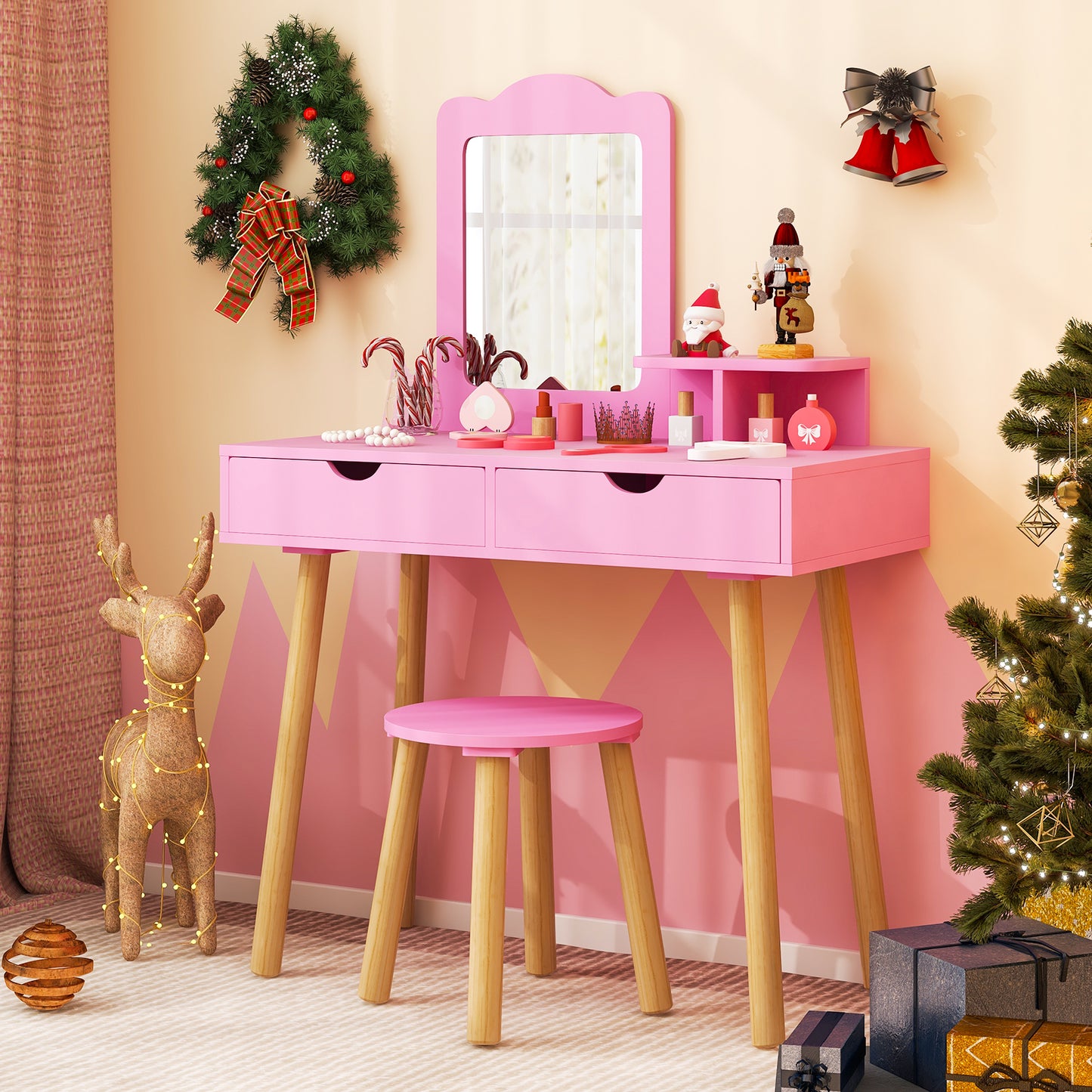 Kid Vanity Table Chair Set with Mirror and 2 Large Storage Drawers-Pink