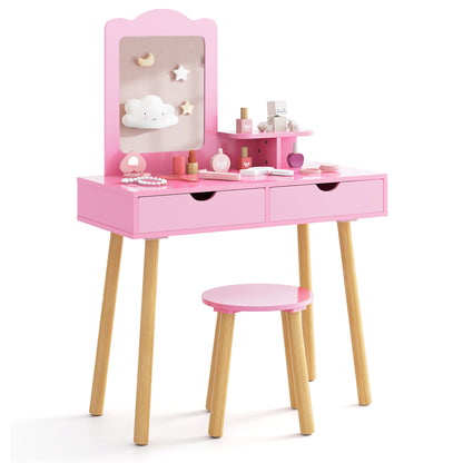 Kid Vanity Table Chair Set with Mirror and 2 Large Storage Drawers-Pink