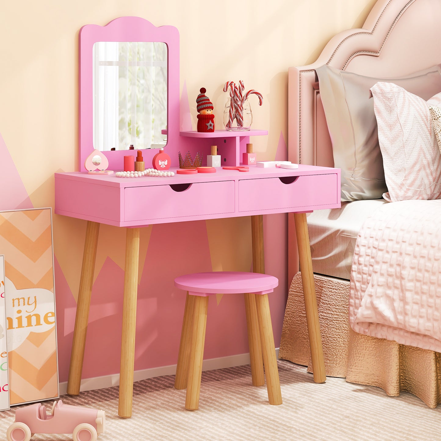 Kid Vanity Table Chair Set with Mirror and 2 Large Storage Drawers-Pink