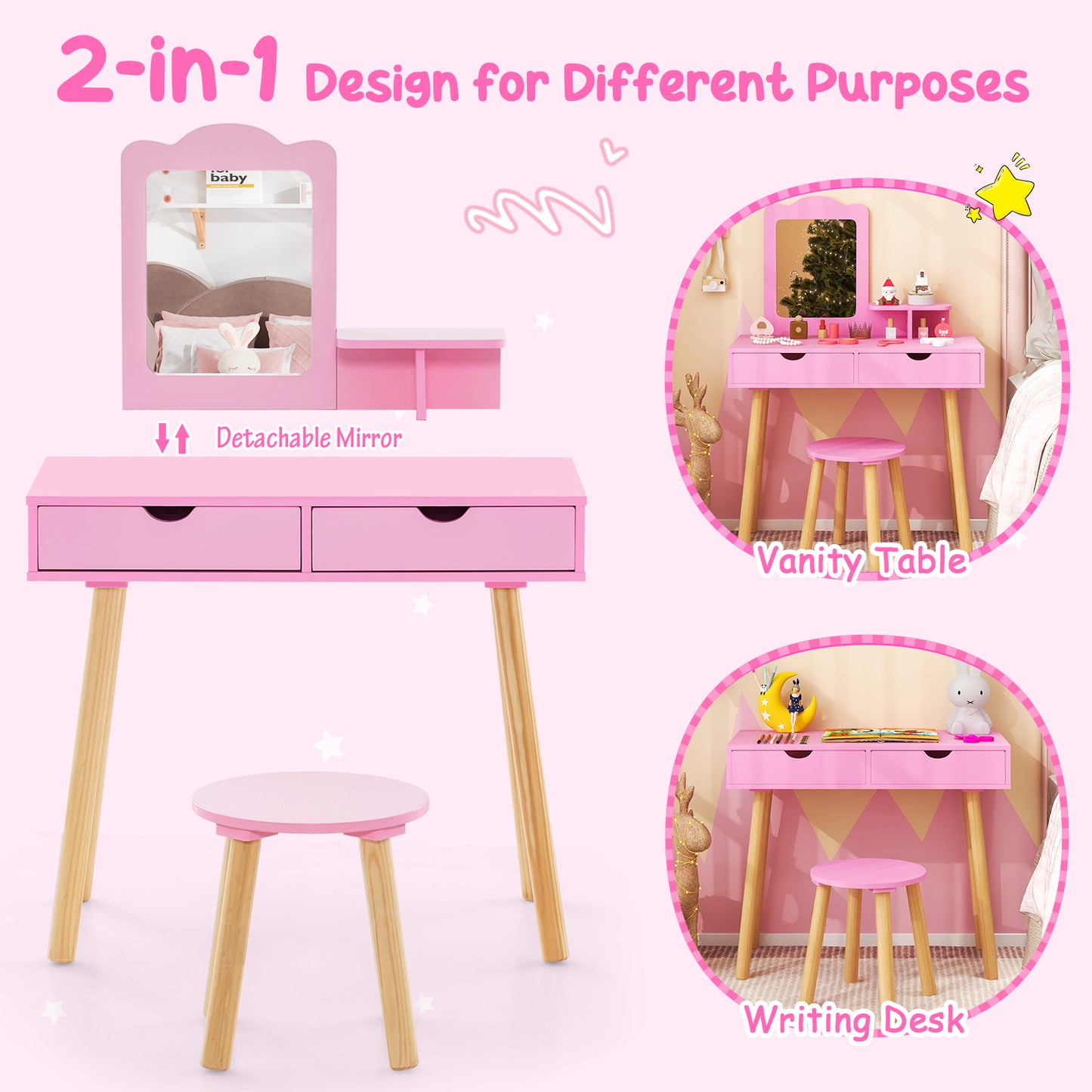 Kid Vanity Table Chair Set with Mirror and 2 Large Storage Drawers-Pink