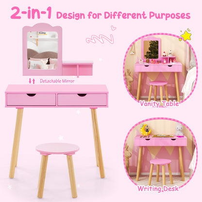 Kid Vanity Table Chair Set with Mirror and 2 Large Storage Drawers-Pink