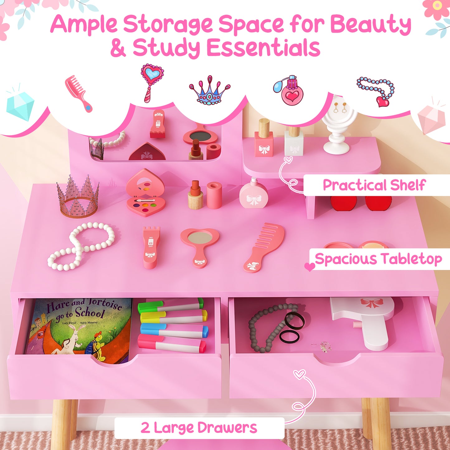 Kid Vanity Table Chair Set with Mirror and 2 Large Storage Drawers-Pink
