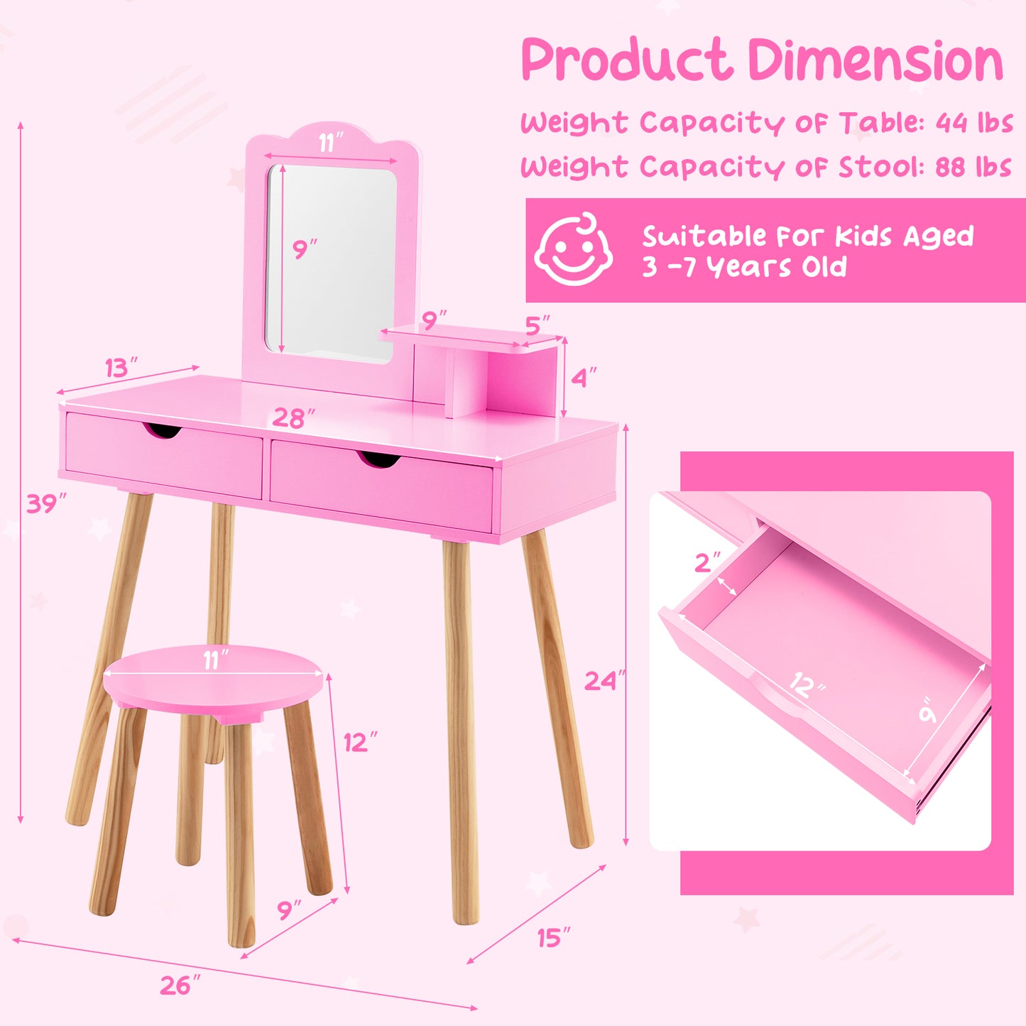 Kid Vanity Table Chair Set with Mirror and 2 Large Storage Drawers-Pink