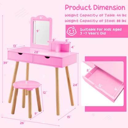 Kid Vanity Table Chair Set with Mirror and 2 Large Storage Drawers-Pink