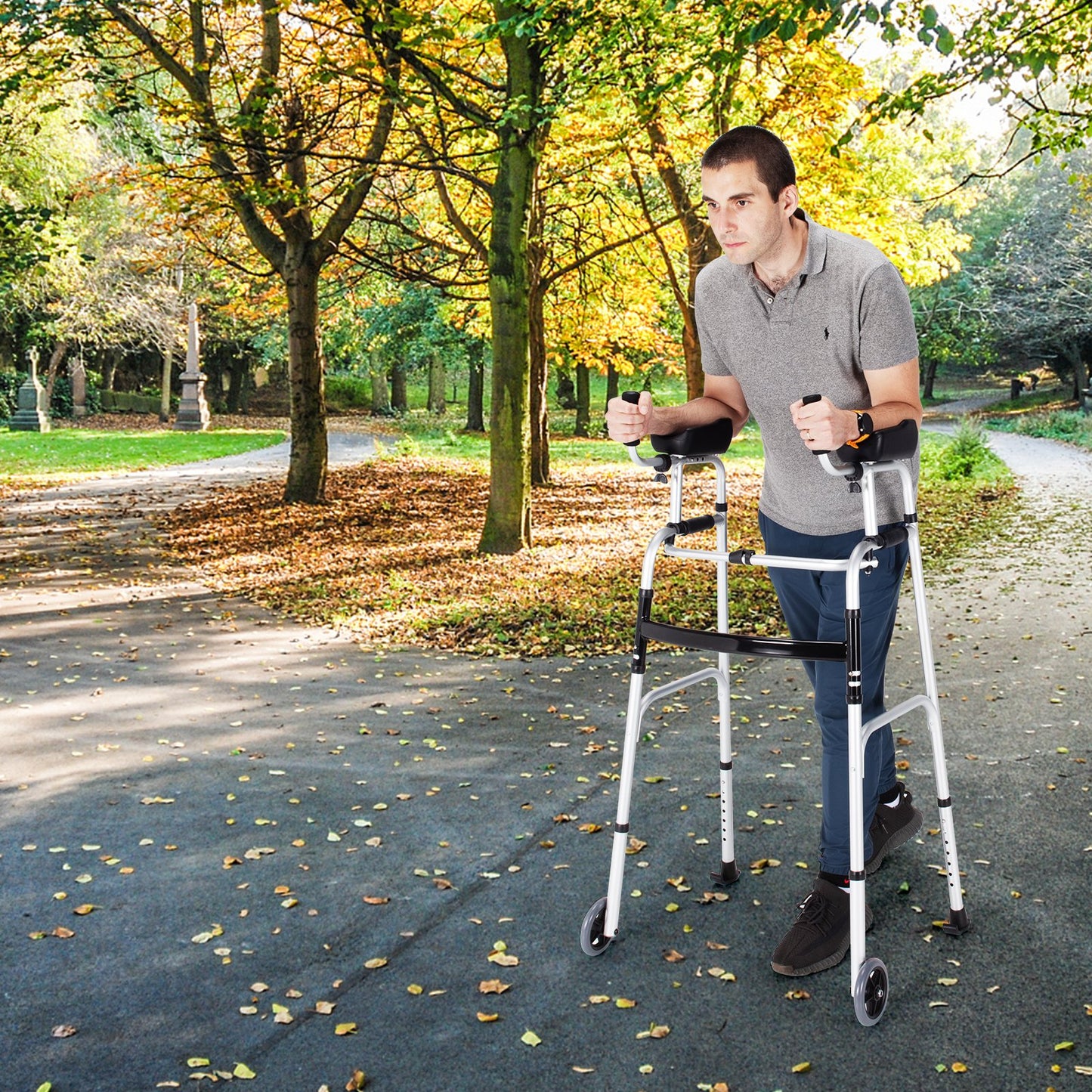 Folding Adjustable Aluminum Wheel Walking Frame-Navy