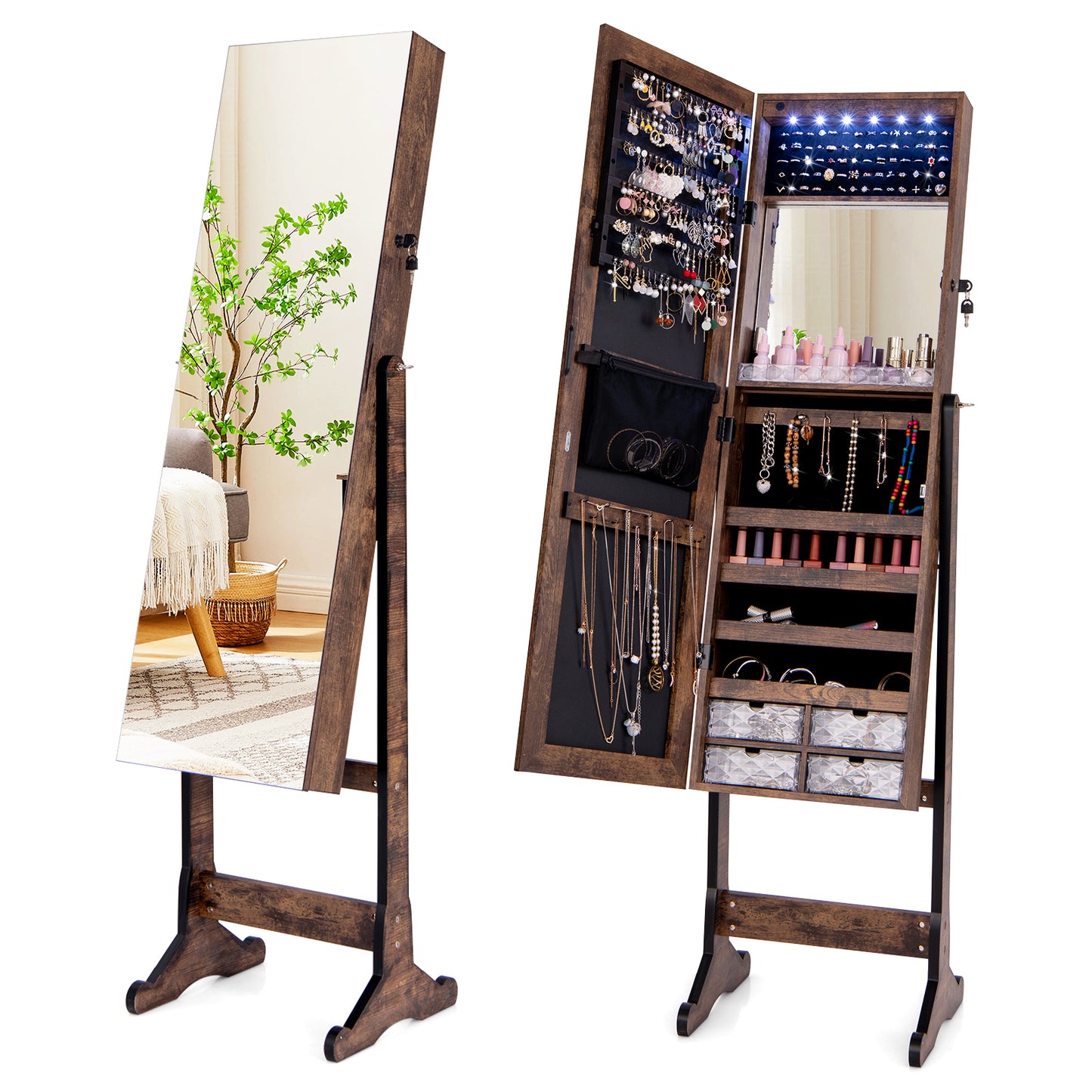 Free Standing Full Length Jewelry Armoire with Lights-Rustic Brown