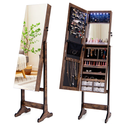 Free Standing Full Length Jewelry Armoire with Lights-Rustic Brown