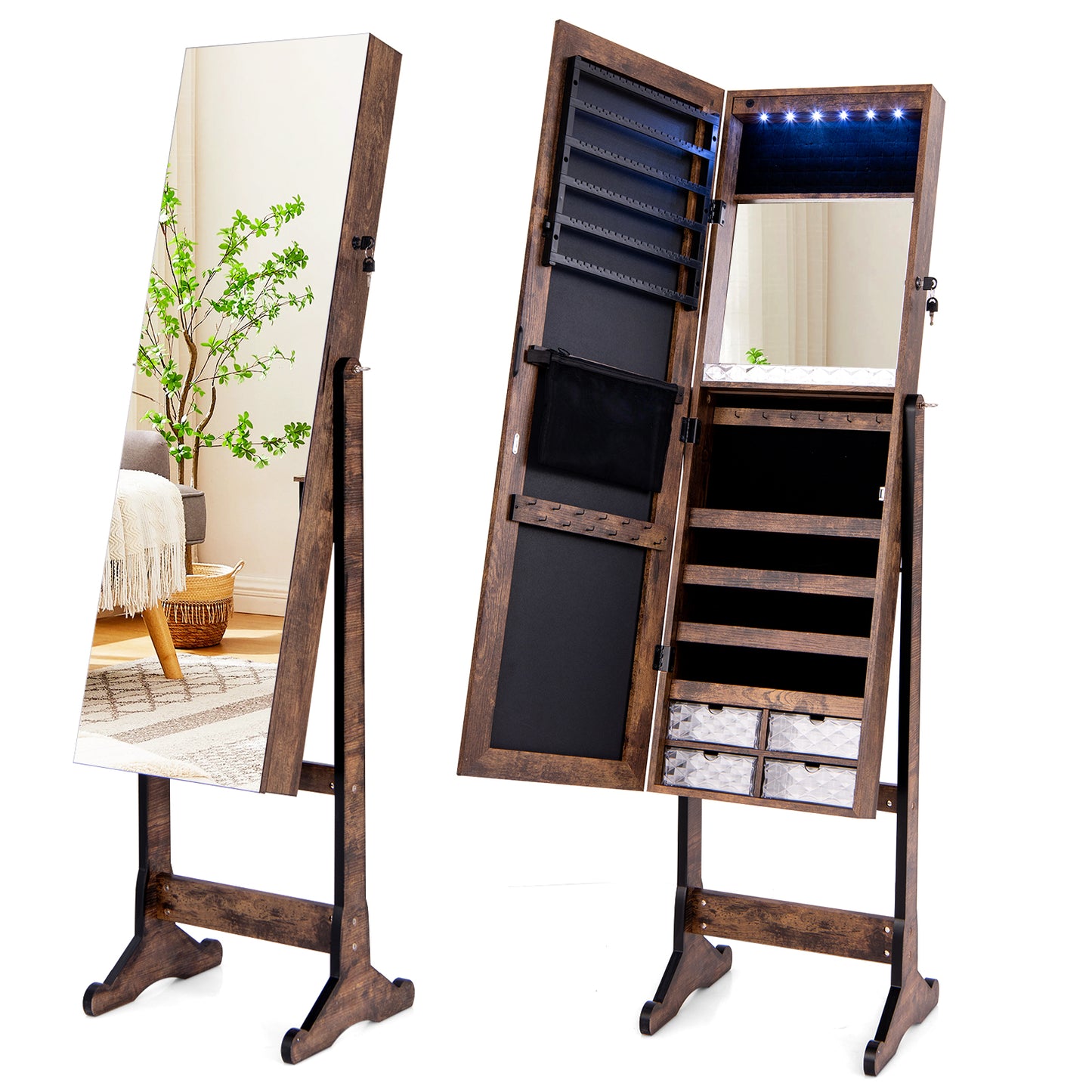 Free Standing Full Length Jewelry Armoire with Lights-Rustic Brown