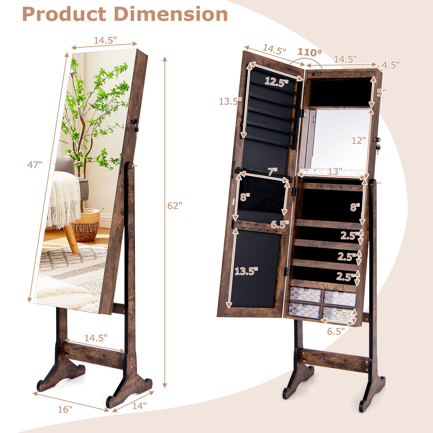 Free Standing Full Length Jewelry Armoire with Lights-Rustic Brown