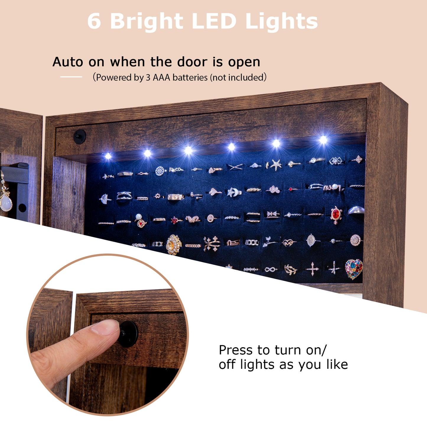 Free Standing Full Length Jewelry Armoire with Lights-Rustic Brown