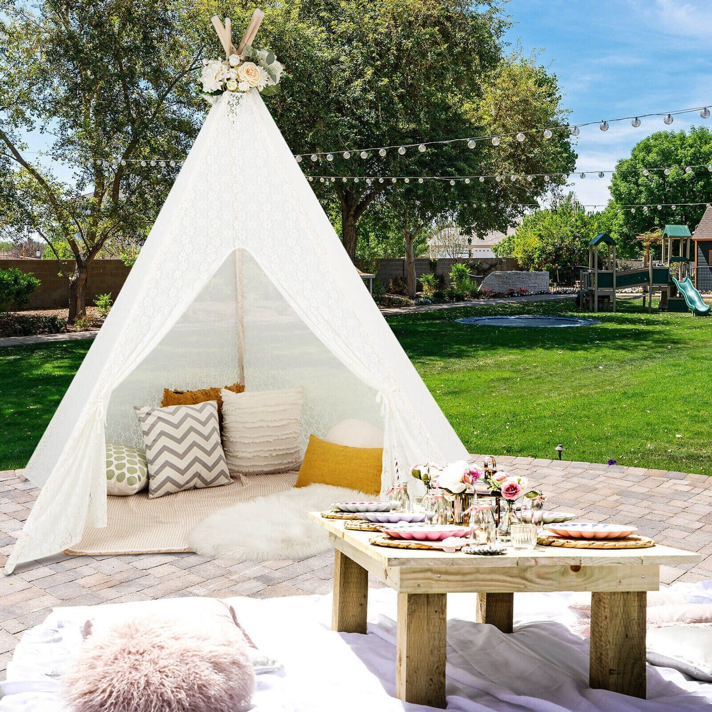 Lace Teepee Tent with Colorful Light Strings for Children