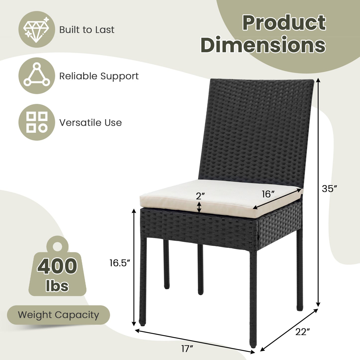 PE Wicker Patio Chairs Set of 2/4 with Cushions for Porch Deck Garden and Backyard-2 Pieces